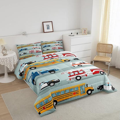 Erosebridal Fire Truck Comforter Set,Police Car Down Comforter Full Size,School Bus Bedding Set for Kids Boys Teens Youth,Equipped Truck Cartoon Vehicle Quilt Duvet Insert Bedroom Dorm Decor 3 Pcs