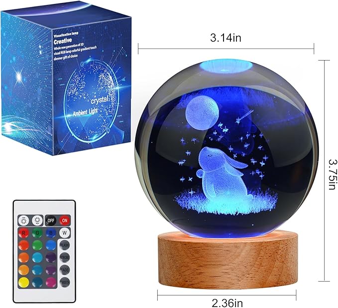 Easter Bunny Lamp Things for Teen Girls, Large 3D Bunny Night Light, Crystal Rabbit Lamp 16 Color Changing with Remote Control for Bedroom Decor, Night Light Bunny