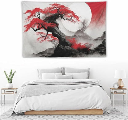 Cherry Blossoms Tapestry,Japanese Red Landscape Asian Watercolor Abstract Art Tapestry,Japanese Wall Tapestry, Nature Landscape Tapestries for Bedroom Living Room Decor 60"x40"