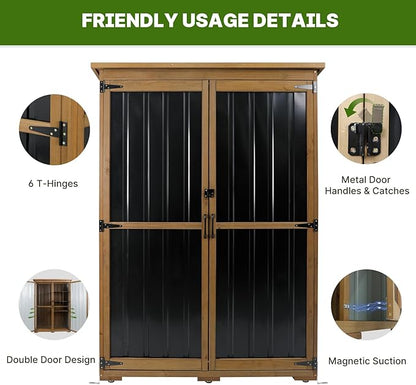 Outdoor Storage Cabinet Wood & Metal with Waterproof Roof, Garden Tool Shed with 4 adjustable reinforced feet with metal brackets, 3 Removable Shelves, 6 T-Hinge, Magnetic door,18.1"D x 49"W x 68.5"H