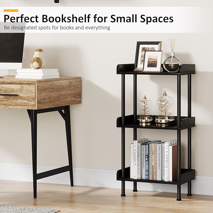 Bookshelf Small Book Shelf - 3-Tier Wood Bookcase Industrial Bookshelf with Edge Protection Metal Standing Book Shelves Display Book Rack for Living Room Bedroom Home Office (Black)