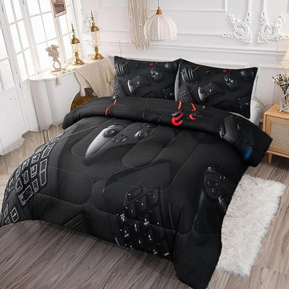Gamer Comforter Set Twin Size for Boys Kids 3D Gaming Microfiber Quilts Black Video Game Bedding Sets Room Decor Gaming Bedding Set All Season for Game Lovers(Color 1,Twin)