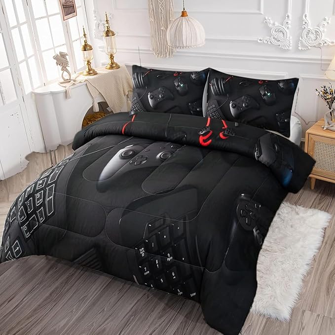 Gamer Comforter Set for Boys Teen Kids Full Size Gaming Comforter Soft Microfiber Gampad Quilt and Pillowcase Video Game Bedding Sets Room Decor (Color 1,Full)