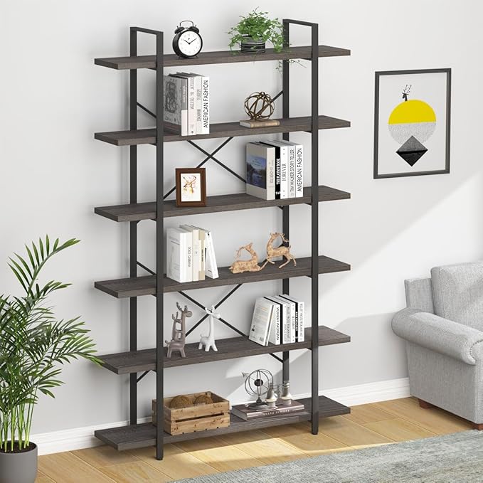 HSH Industrial Tall Bookshelf, Large Vertical Wood and Metal 6 Tier Book Shelf, Open 6 Shelf Bookcase for Bedroom Living Room Office, Vintage Display Storage Bookshelves and Bookcases, Dark Gray Oak