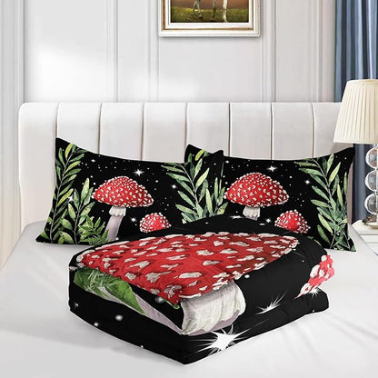 Galaxy Mushroom Comforter Set Full Size Kids Mushroom Bedding Set Leaves Quilt Bed Set for Boys Girls Adults with 1 Comforter and 2 Pillowcases