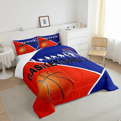 Erosebridal Basketball Queen Bedding Sets For Boys Girls Basketball Player Comforter Set Sports Bedding Comforter Sets For Kids Teen Orange Blue Geometric Quilt Duvet 2 Pillow Cases Bedroom Dorm Decor
