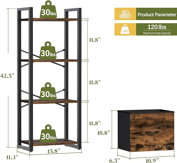 Yoobure Bookshelf, 4 Tier Book Shelf with Drawer, Small Bookcase Narrow Book Case, Industrial Bookshelves Shelf for Bedroom Living Room Office, Book Storage Organizer for CD/Movie Rustic Brown