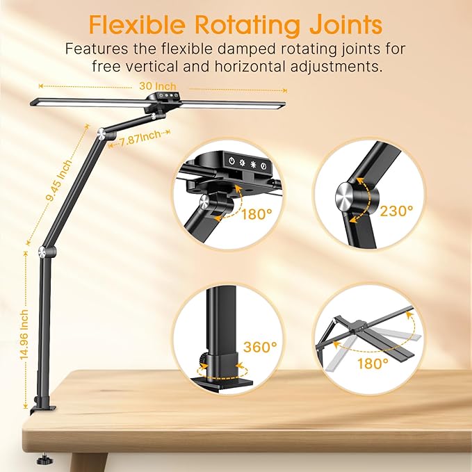 Syrinx Desk Lamp, Architect Desk Lamps for Home Office with Gesture Sensor Switch, 24W Bright Double Head Table Lamp with Clamp, Touch Control, Timer, 5 Dimming and 3 Tempering LED Desk Light