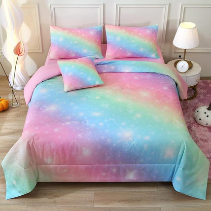 JQinHome Glitter Bedding Set Queen Size,6 Piece Bed in A Bag 3D Colorful Rainbow Galaxy Comforter Set for Girls Kids-All Season Microfiber Tie-Dye Bedding Sets(Rainbow)