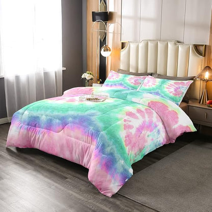 Erosebridal Kids Tie Dye Comforter Set, Bohemian Psychedelic Duvet Sets King Size for Girls Boys Teens Women Bedroom, Boho Gypsy Spiral Bedding Set Watercolor Trippy Duvet Insert, Pink Teal Blue
