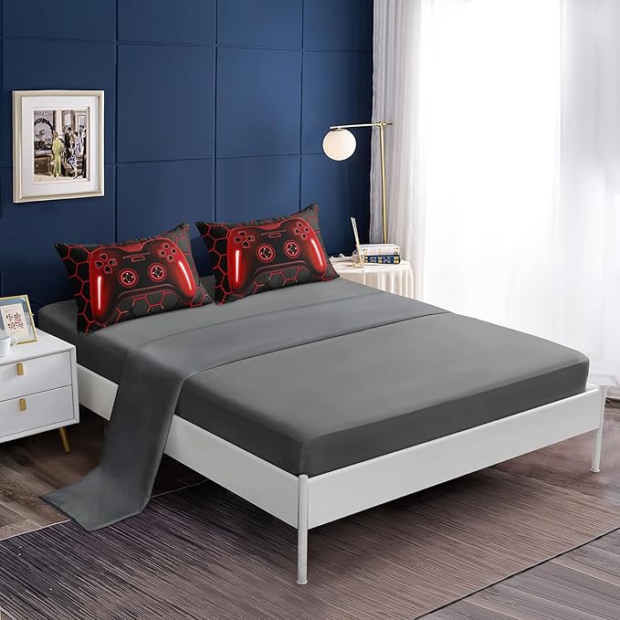 6 Pieces Bed in a Bag for Boys Bedding Sets Queen Size,Gamer Comforter Sets for Boys Kids, Gaming Comforter Set for Boys Room Decor with Flat Sheet,Fitted Sheet,Pillowcase,Cushion Cover