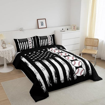 Feelyou Baseball Comforter American Flag Comforter Set Kids Boys Baseball Sports Games Bedding Set Children Girls Teens Black and White Ball Microfiber Quilt Set Room Decor for All Season Twin Size