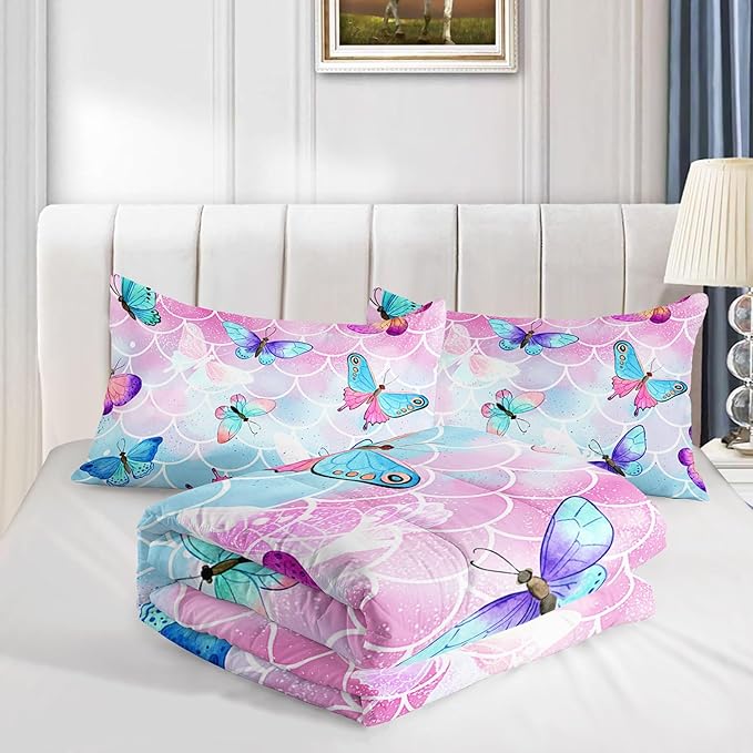 Datura home Kids Comforter Set Mermaid Scale Butterfly Printed Pattern Bedding Set with 1 Comforter and 2 Pillowcases for Girls Boys Bedroom All Season(Mermaid Full)
