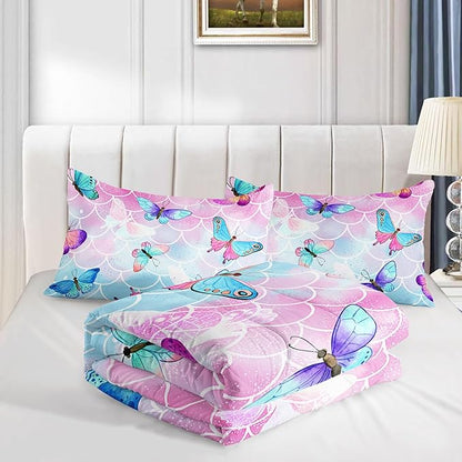 Datura home Kids Comforter Set Mermaid Scale Butterfly Printed Pattern Bedding Set with 1 Comforter and 2 Pillowcases for Girls Boys Bedroom All Season(Mermaid Queen)