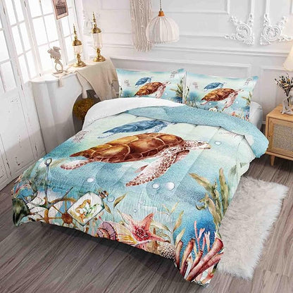 Datura home Sea Turtle Bedding Comforter Set for Boys Girls Teens Children Adults,Watercolor Sea Creatures Blue Ocean Theme Bedding Set with 1 Comforter and 2 Pillowcases(Turtle Twin) Blue Turtle