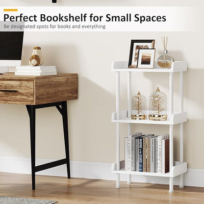 Bookshelf Small Book Shelf - 3-Tier Wood Bookcase Industrial Bookshelf with Edge Protection Metal Standing Book Shelves Display Book Rack for Living Room Bedroom Home Office (White)