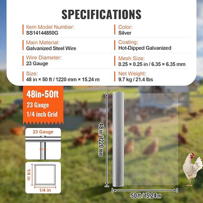 VEVOR Hardware Cloth, 1/4 inch 48in x 50 ft 23 Gauge, Hot Dipped Galvanized Wire Mesh Roll, Chicken Wire Fencing, Wire Mesh for Rabbit Cages, Garden, Small Rodents