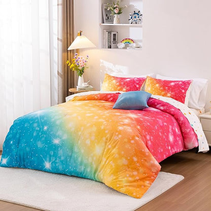 A Nice Night Gradient Glitter 6Pcs Bed in A Bag Bedding Set for Girls Twin Size, Colorful Rainbow Galaxy Comforter Set, Ultra Soft Bedding Sets, YellowBlue