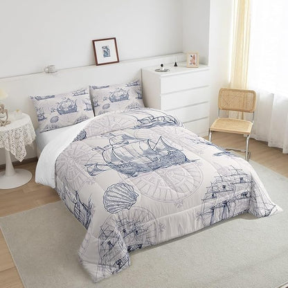 Nautical Comforter Set Sailboat Down Comforter Queen,Blue White Vintage Style Quilted Duvet Set Luxury Anchor Crab Pattern Bedding Insert Set for Kids, Adult Teen Boys Girls Bedroom Ocean Beach Decor