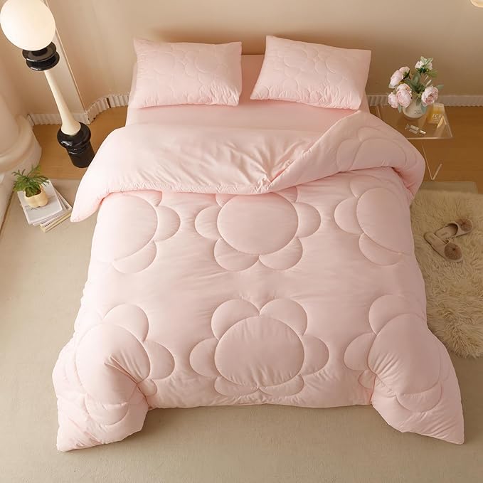 Pink Flower Comforter King Pink Sunflower Print Bed King Comforter Set 3 Pieces Dark Pink Floral Comforter Set for Women Girls Bedroom Decor All Season Hotel Quality Comforter Set