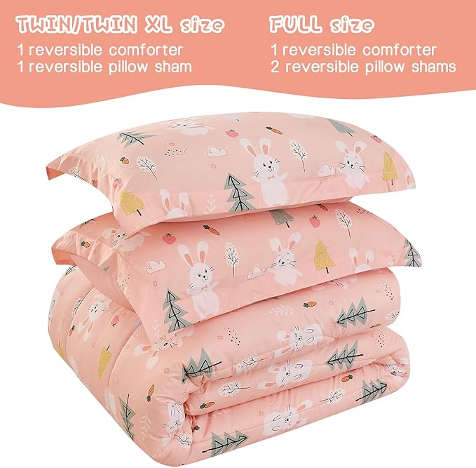 Pink Bunny Kids Comforter Set for Girls Twin, Cute Reversible Quilted Printed Woodland Bedding Set with Pillow Sham, Lightweight Soft Breathable Machine Washable Bed Set 2 Piece