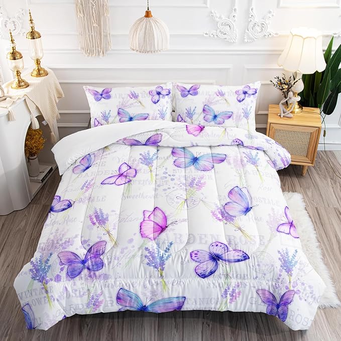 Purple Butterfly Comforter Set Full Size for Girls Kids Adults Lavender Flowers Pattern Bedding Set Aesthetics Butterflies Quilt Bed Set with 1 Comforter and 2 Pillowcases