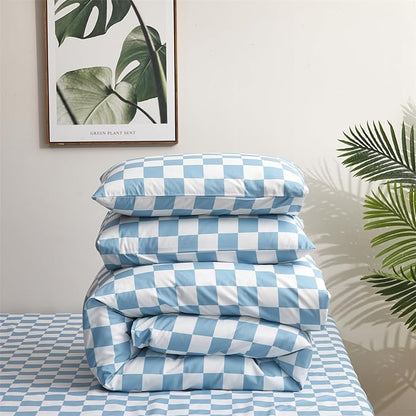 Blue White Grid Comforter Set Cal King Blue Plaid Bedding Set Women Blue and White Checkered Bed Comforter Set Breathable Blanket Set Men Durable Bedding Comforter Set