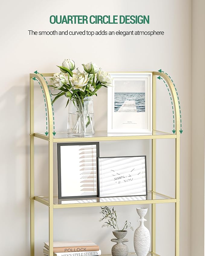 Bookcase Bookshelf, Tempered Glass Arched Bookshelf for More Storage, Slim Shelving Unit for Bedroom, Bathroom, Home Office, Steel Frame, Wide 5 Tier Gold BC22599G