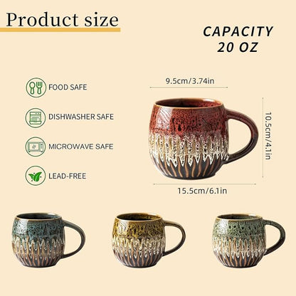 Large Ceramic Coffee Mug - 20oz Big Tea Cup, Red, Set of 4 | Large Tea Mug, Microwave Safe, Dishwasher Safe