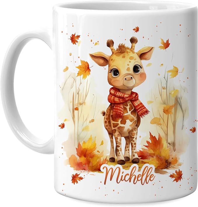 Hyturtle Personalized Fall Giraffe Maple Leaves Coffee Mug Gift on Birthday | Gifts For Giraffe Lovers - Fall Autumn Decor Gifts For Farmhouse Thanksgiving - Custom Name 11oz White Ceramic Coffee Tea Mug