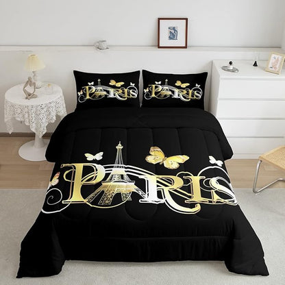 Eiffel Tower Comforter Chic Paris Theme Bedding Set for Kids Boys Girls Butterfly Paris Cityscape Printed Comforter Set Modern French Style Duvet Set Golden Black Bedroom Decor Quilt Set Twin Size
