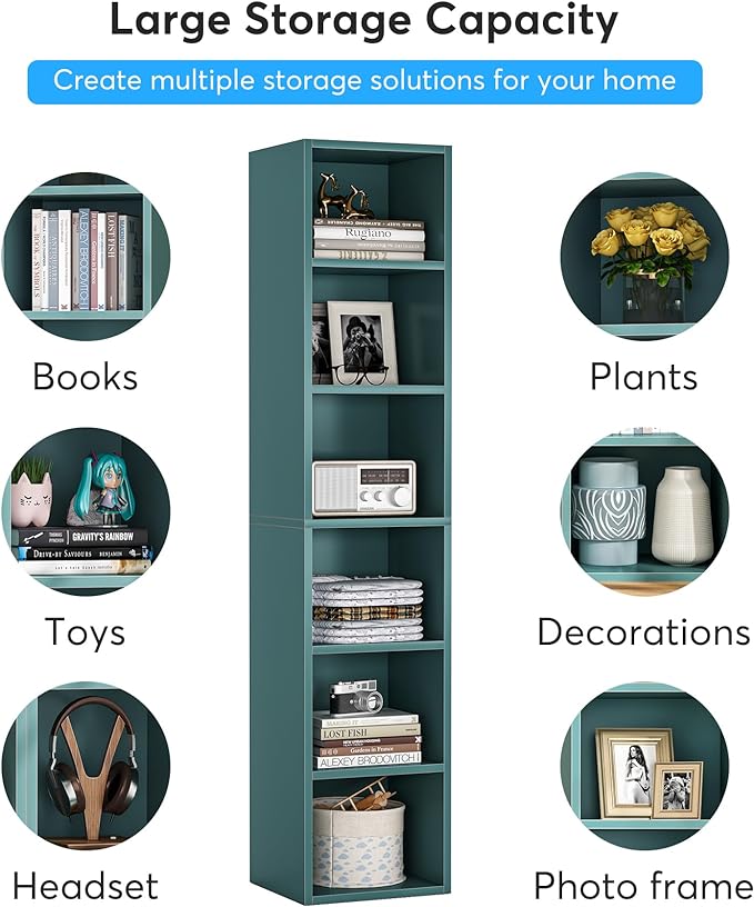 70.9 Inch Tall Narrow Bookcase, Corner Bookshelf 6 Tier Cube Display Shelf Storage Organizer for Small Space, Blue