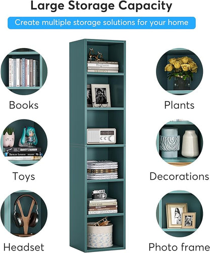 70.9 Inch Tall Narrow Bookcase, Corner Bookshelf 6 Tier Cube Display Shelf Storage Organizer for Small Space, Blue