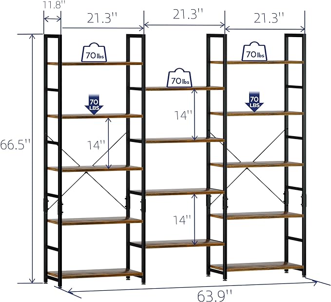 NUMENN Triple Wide 5 Tier Bookshelf, Rustic Industrial Style Bookcases with 14 Open Display Shelves, Modern Tall Bookcase Furniture for Bedroom, Living Room and Home Office, Vintage