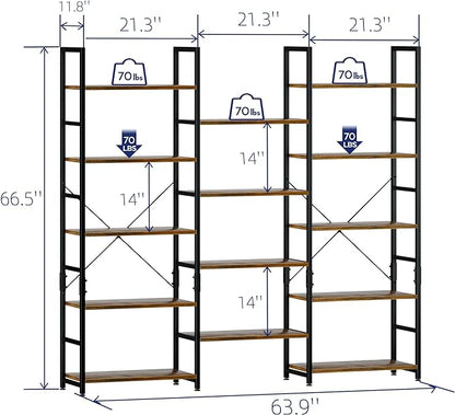 NUMENN Triple Wide 5 Tier Bookshelf, Rustic Industrial Style Bookcases with 14 Open Display Shelves, Modern Tall Bookcase Furniture for Bedroom, Living Room and Home Office, Vintage