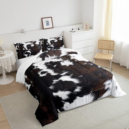 Brown Cowhide Comforter Set Queen,Black White Aztec Cow Print Bedding Set Western Farmhouse Animal Fur Down Comforter for Kids Boys Girls,Rustic Cowboy Quilt Duvet Set 2 Pillow Cases Bedroom Decor