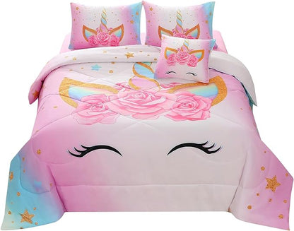 JQinHome Unicorn Twin Bedding Sets for Girls Kids,6 Piece Bed in A Bag 3D Colorful Flower Girl Unicorn Comforter Set with Sheet Set