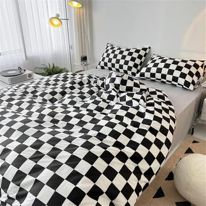 Wellboo Black White Plaid Comforter Sets King Women Men Black and White Checkerboard Grid Bedding Comforters Cotton Boys Girls Modern Black Checkered Geometric Quilts Luxury Abstract White Bedding