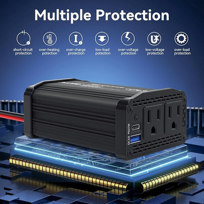 ALLWEI 300W Power Inverter 12V DC to 110V AC Car Plug Adapter Outlet Converter with 27W PD USB-C &18W USB-A Fast Charger, Car Cigarette Lighter Adapter for Laptop Tablets Phones - Portable - Black