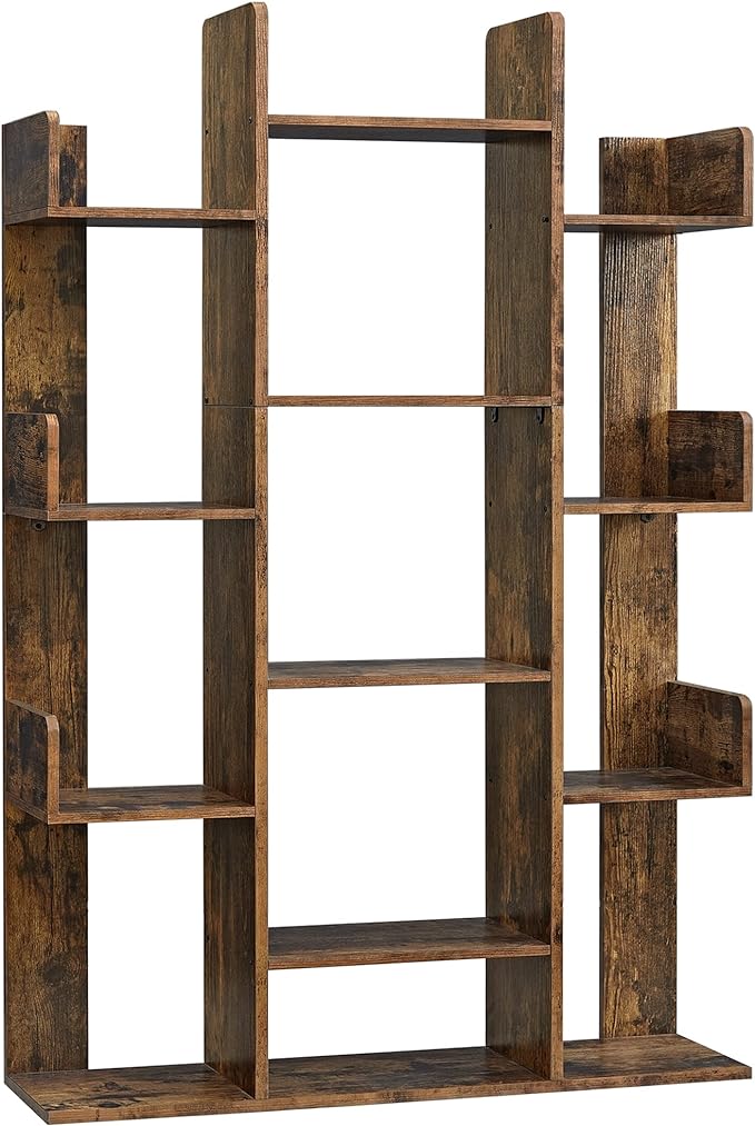 VASAGLE Bookshelf, Tree-Shaped Bookcase with 13 Storage Shelves, Rounded Corners, 9.8”D x 33.9”W x 55.1”H, Rustic Brown ULBC67BXV1