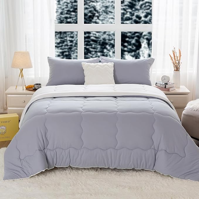 COTTEBED Ultra-Soft Reversible Warm Comforter Set Twin Sized, Winter Milk Cup Grey White Breathable Bedding Down Alternative Comforter for Boy Kids Girl School College Dorm Christmas, Twin/TwinXL