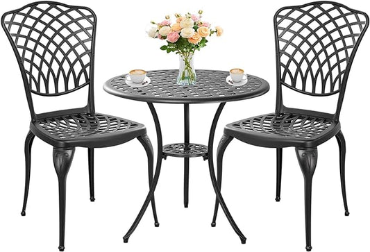 Black Cast Aluminum Bistro Set 3 Piece Outdoor,Small Patio Table and Chairs with Umbrella Hole,Outdoor Bistro Set for Front Porch Set Woven Patio Set for Garden,Yard(Black)
