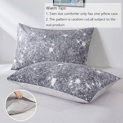 Grey Glitter Comforter Set Twin Size for Boys Teen, Sparkle Galaxy Twinkle Starlight Comforter for Kids Adult, 2 Piece Black Grey Ombre Bedding Set with 1 Pillow Case(Grey,Twin)