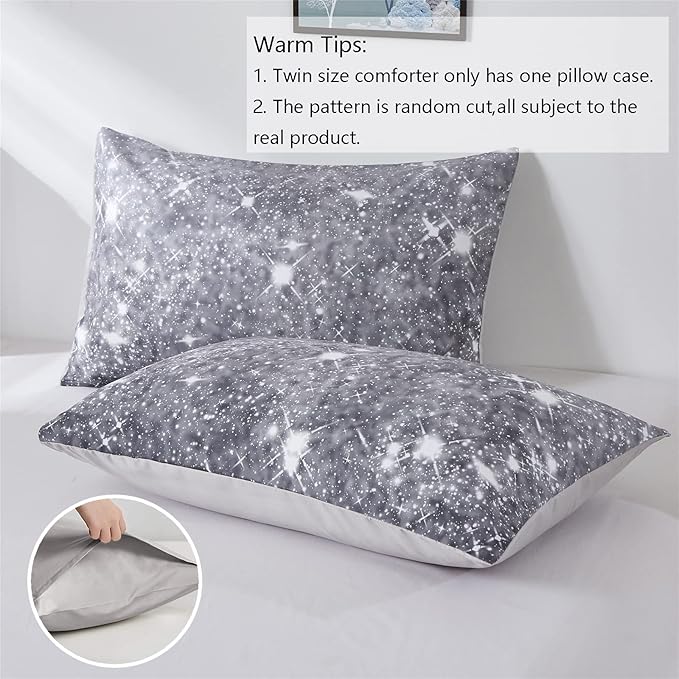 Grey Glitter Comforter Set Full/Queen Size for Boys Teen, Sparkle Galaxy Twinkle Starlight Comforter for Kids Adult, 3 Piece Black Grey Ombre Bedding Set with 2 Pillow Cases(Grey,Queen)