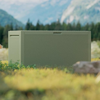 90 Gallon Outdoor Storage Box, Lockable Outside Storage Box Waterproof, Patio Cushions Deck Storage Boxes, Rattan Plastic Garden Hose Containers Resin Pool Storage Bins with lids, Sage Green
