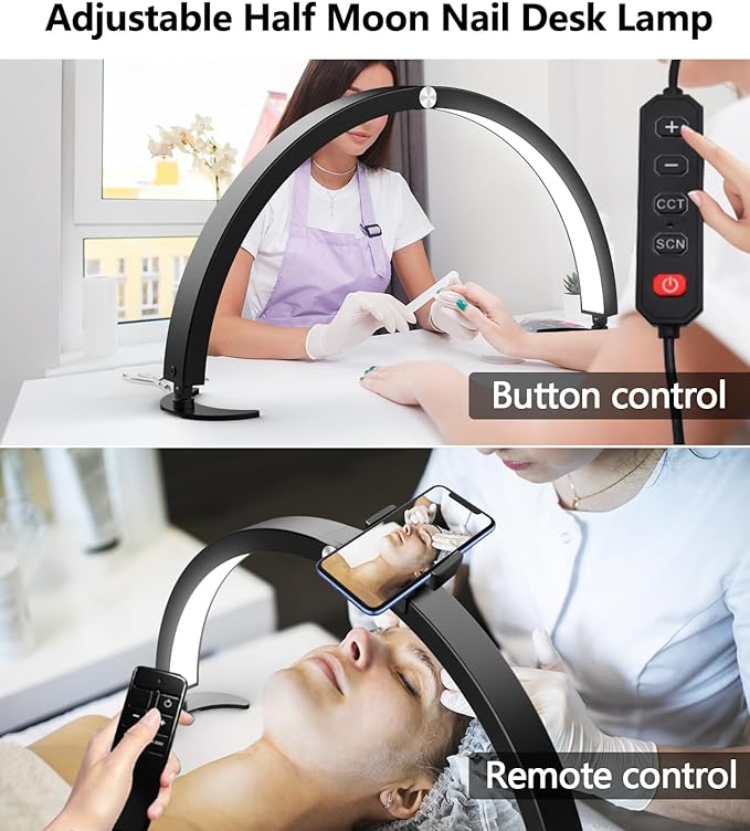 yAyusi Half Moon Light for Nail Desk with Phone Holder, 29In 40W Nail Tech Light, Nail Table Lamp with Wire Controller & Remote, 7 Color Modes, 10 Brightness for Beauty/Eyelashes/Tattoos/Crafts