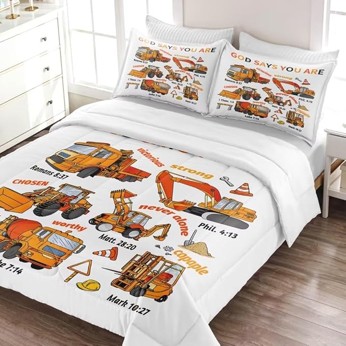 Kids Construction Vehicles Truck Comforter for Boys Queen,Cartoon Car Excavator Tractor Bedding Set,Construction Christian Spirational Quotes Comforter with 2 Pillowcases White
