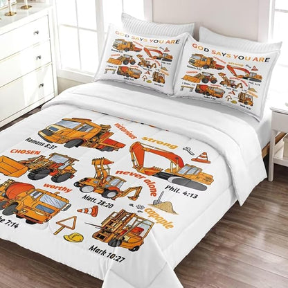 Kids Construction Vehicles Truck Comforter for Boys Full,Cartoon Car Excavator Tractor Bedding Set,Construction Christian Spirational Quotes Comforter with 2 Pillowcases White