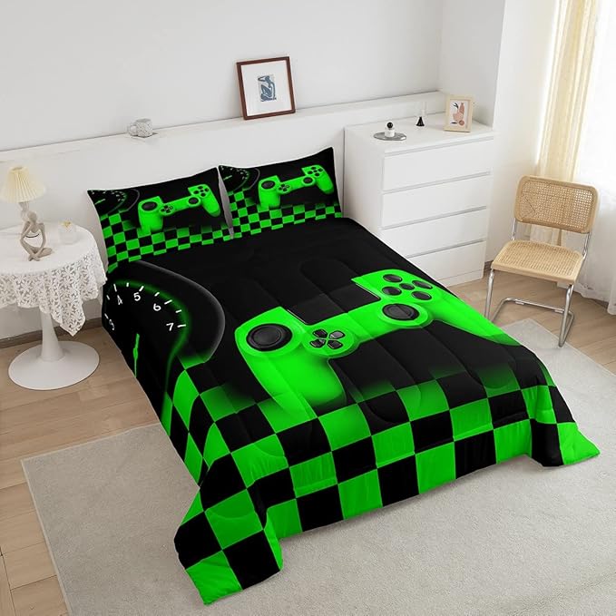 Erosebridal Gaming Comforter for Teen Boys Kids Girls,Gamepad Duvet Insert for Gamer Home Decor,Black Green Teens Gamer Bedding Set King,Buffalo Check Plaid Down Comforter Set with 2 Pillowcases