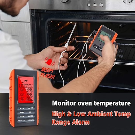 Wireless Meat Thermometer for Grilling Smoking - Kitchen Food Cooking Candy Thermometer with 3 Probes - Monitor Ambient Temperature Inside The Grill Smoker BBQ Oven Thermometer, 490ft,Digital